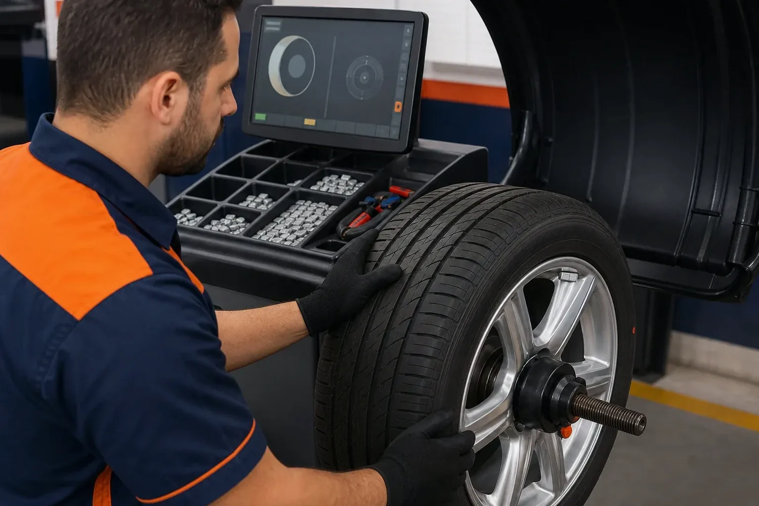Profissional balanceando rodas em Mogi Guaçu com equipamento específico.