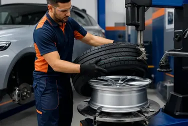 Profissional realizando a troca de pneus em Mogi Guaçu com equipamentos de borracharia.