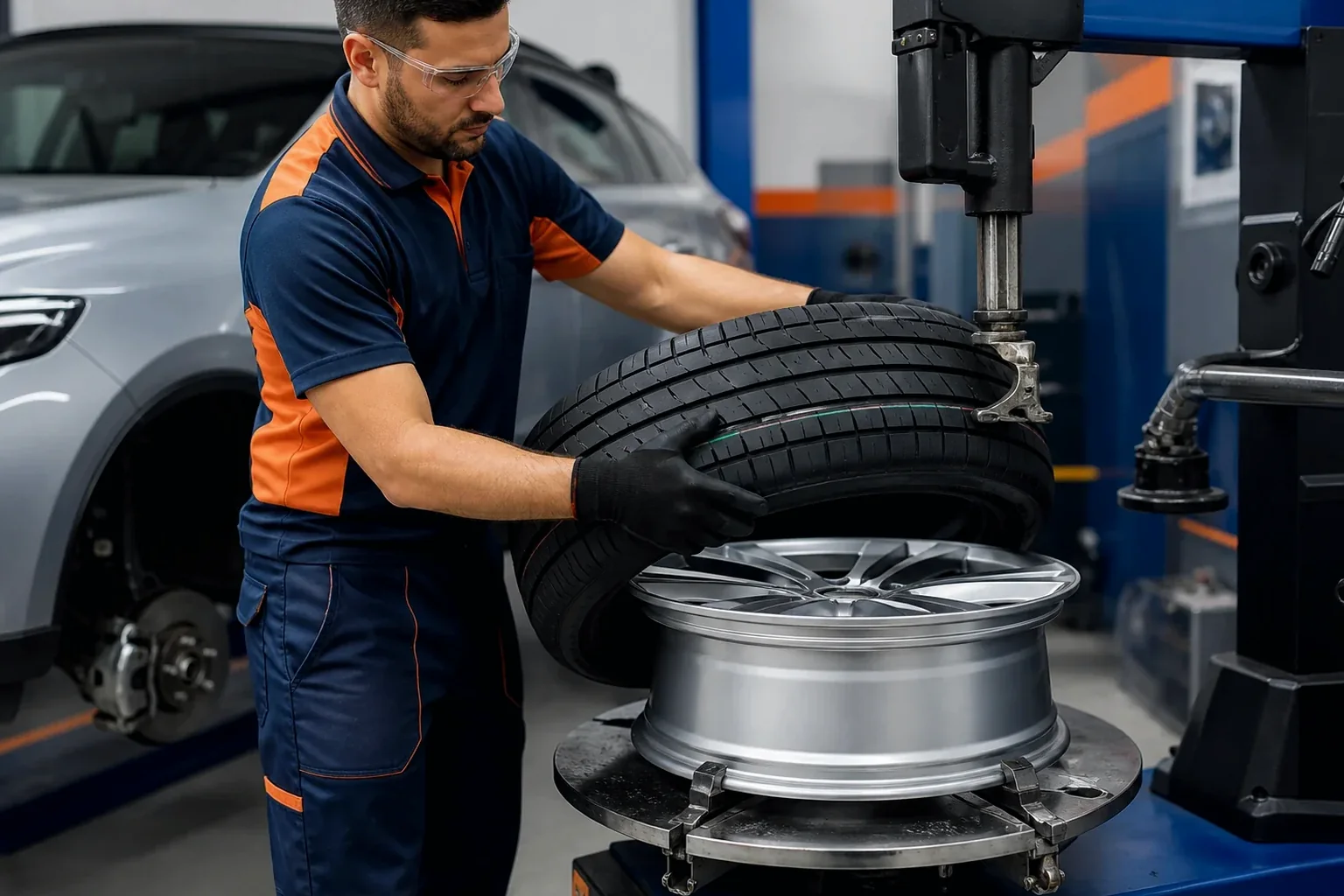 Profissional realizando a troca de pneus em Mogi Guaçu com equipamentos de borracharia.