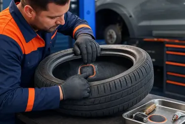 Técnico consertando um pneu em Mogi Guaçu com ferramentas de borracharia.