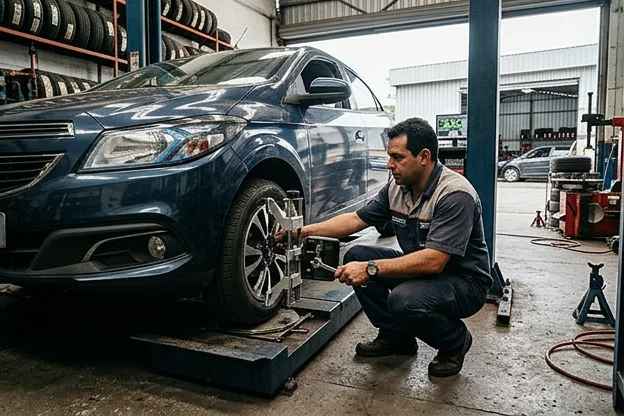 Técnico realizando alinhamento de rodas em Mogi Guaçu com ferramentas especializadas.