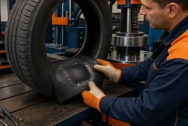 Técnico realizando vulcanização de pneus em Mogi Guaçu com maquinário apropriado.